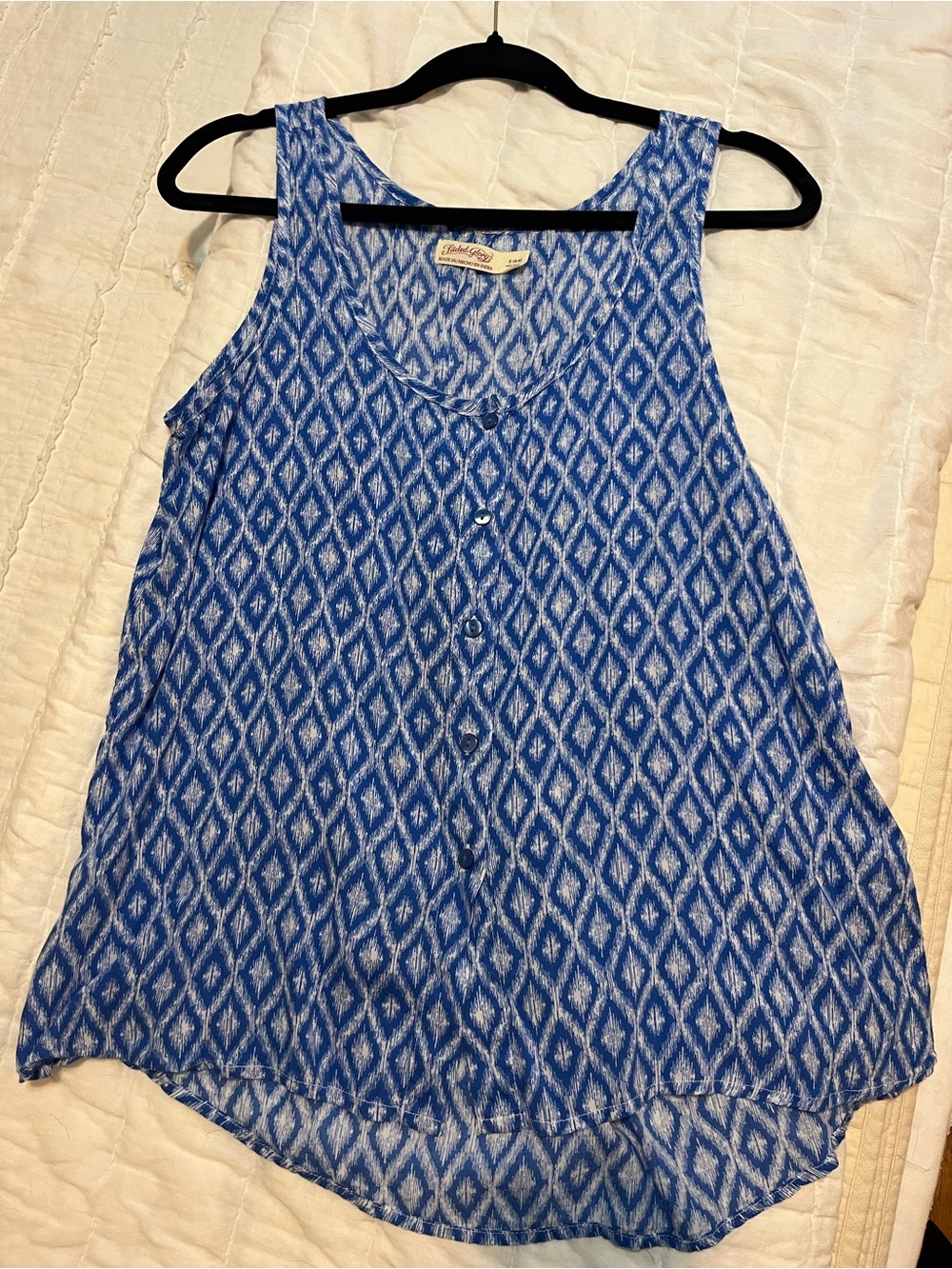 Blue Patterned Sleeveless Button-Front Tank Top